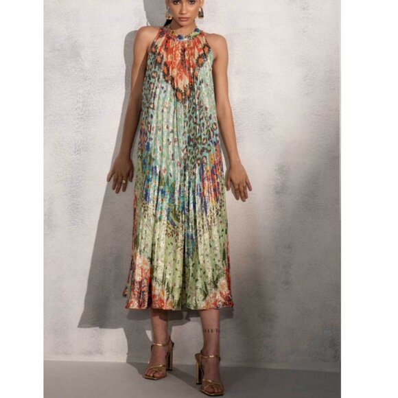 Ranna Gill Women's Orange Green Shimmer Sleeveless Zuri Midi Dress Size M - Picture 4 of 6